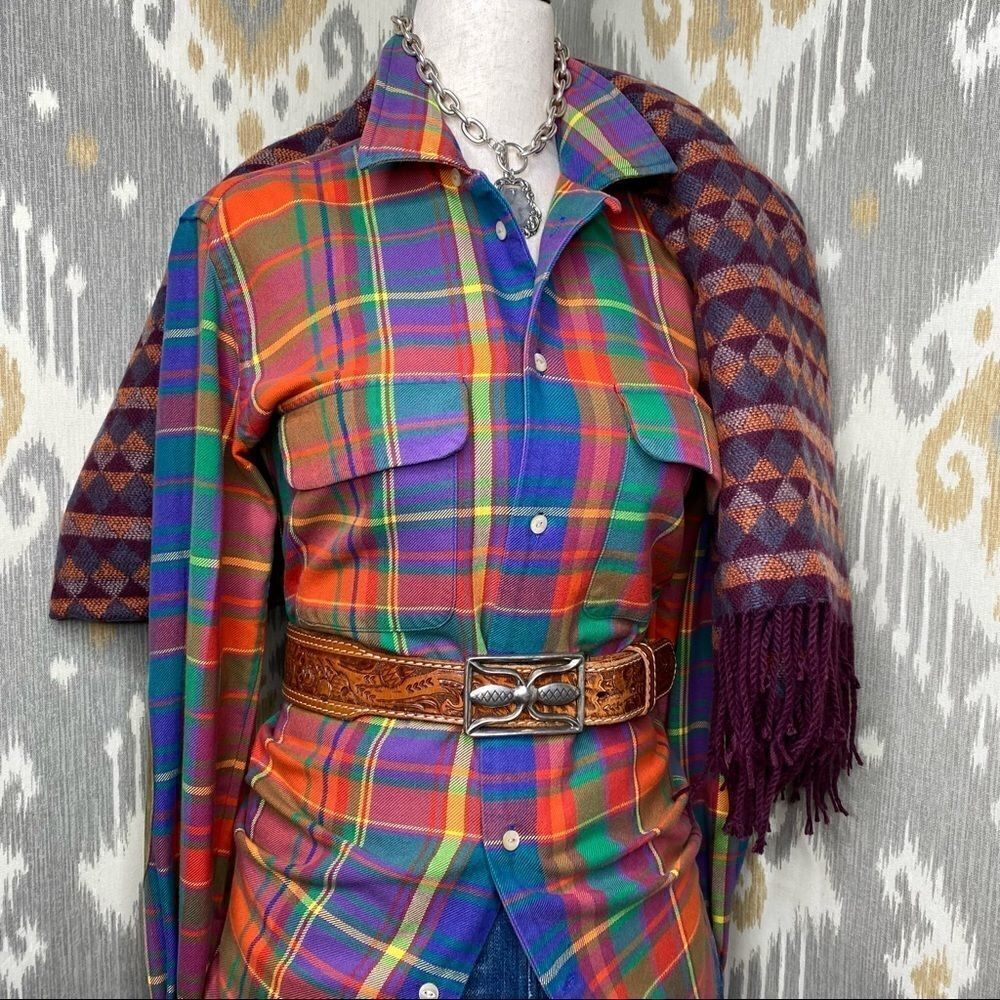 Ralph Lauren Bright Jewel-Tone Check Plaid Cotton Flannel Suede Patch Workshirt - Picture 7 of 16